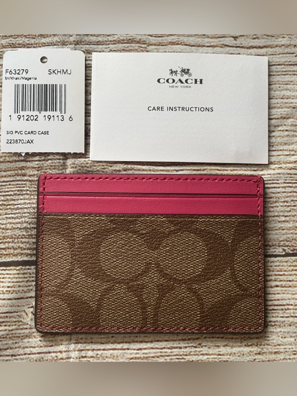 Coach Brown Signature Logo Slim Card Case Wallet with Pink Trim